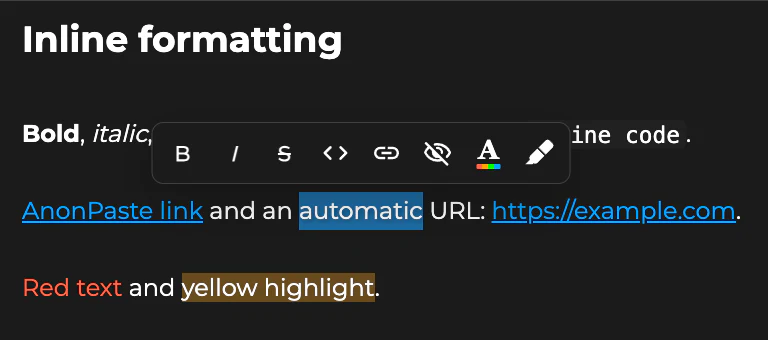 AnonPaste visual Markdown editor with inline formatting controls